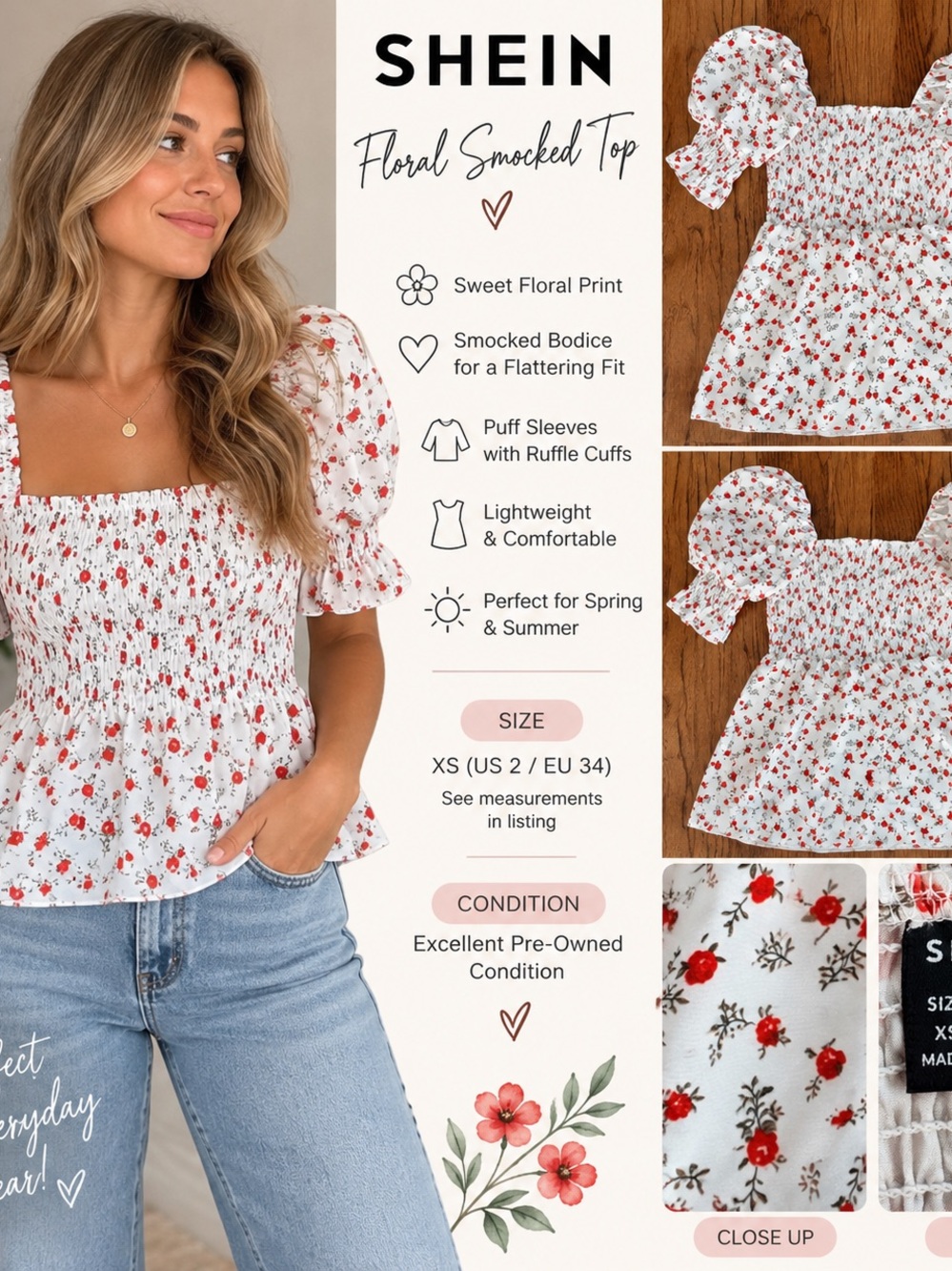 SHEIN White Red Floral Smocked Puff-Sleeve Top